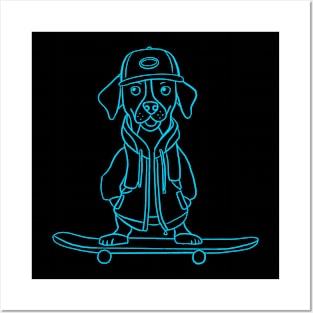 Puppy on the skateboard Blue outline Posters and Art